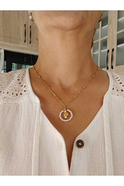 TREND Tiny Pearl Bead Circle Dangle Design Necklace on a Gold Top Detailed Chain