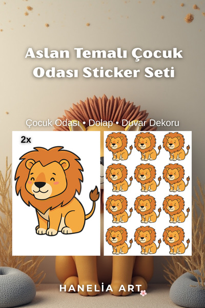 Hanelia Art Aslan Temalı Çocuk Odası Sticker Seti | 2 Farklı Boy | Dolap ve D...