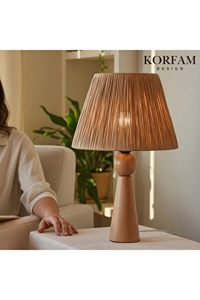 KorFam Wooden Lampshade with Brown Raffia Head