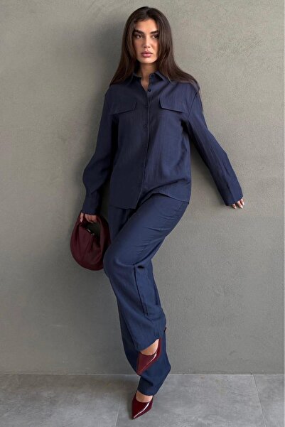 Madmext Set cămașă pentru femei, cu nasturi, din țesătură Tensel, albastru bl...