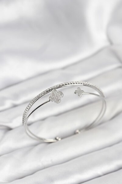 Inure Jewelry Clover Model Brass Silver Color Women's Bracelet