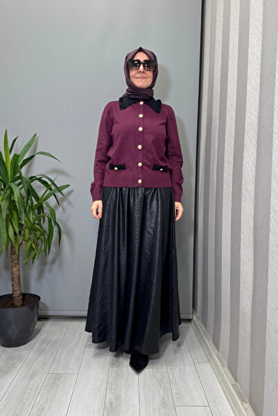 Ghisa Collar Detailed Short Knitwear Cardigan Plum 26Kobhrk3048