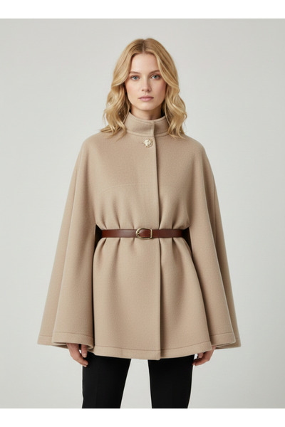 NEW JOURNAL Women's Beige Leather Belted Cashmere Poncho Ayr2246