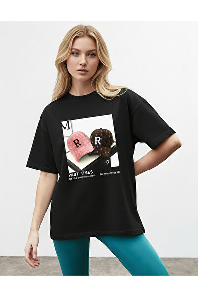 caddekombin Women's Retro Hat Printed Round Neck Black T-Shirt