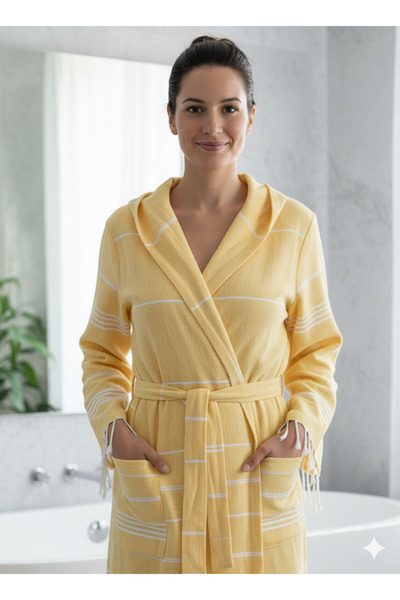 LUNA ÇEYİZ HEDİYELİK %100 Pamuk Peştemal Bornoz Kapüşonlu Unisex- SARI L/XL