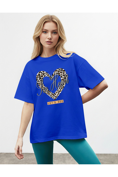 caddekombin Women's Leopard Heart Printed Crew Neck Cobalt Blue T-Shirt