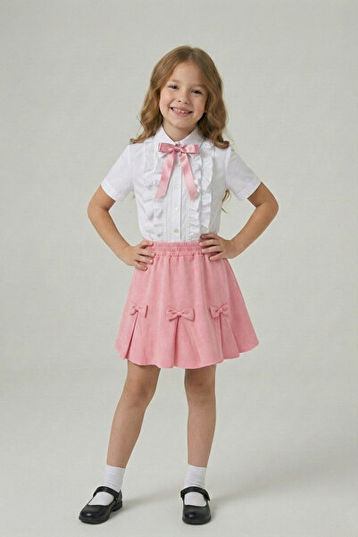 FATELLA قميص بناتي وردي مزين بفيونكة وكشكشة مع تنورة بشريط لعروض 23 أبريل و29...