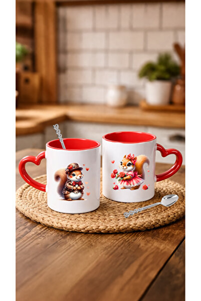 Arzande Sevgililer Gününe Özel Kaşık Hediyeli Kırmızı Kalp Kulplu 2 Adet Pors...