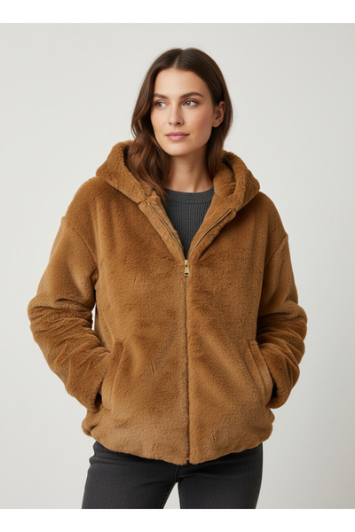 NEW JOURNAL Kadın Camel Etek Ucu Lastikli Kapüşonlu Peluş Mont AYR1262