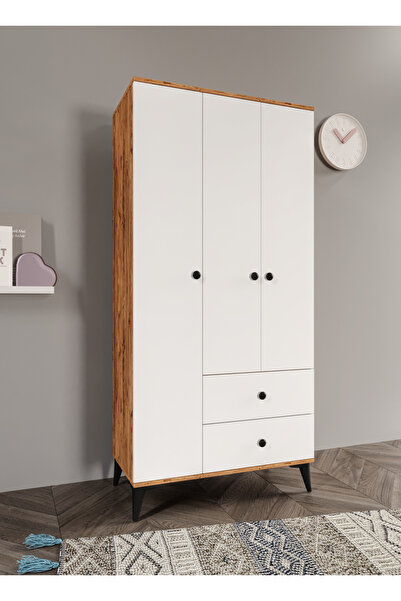 Afilli Neva 3 Kapaklı 2 Çekmeceli Tamamı MDF Gardrop Atlas Çam Beyaz