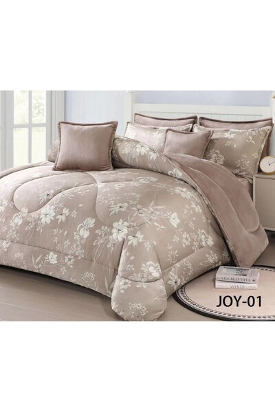 Moon طقم مفرش 6 قطع نفرين شتوي حشوة وسط مخمل ناعم مع فرو سادة ذو وجهين خامة م...