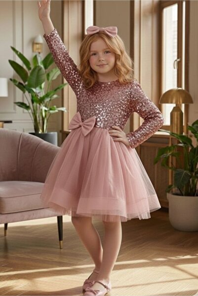 ABİYEKİDS Velvet Sequined Long Sleeve Puffy Children's Evening Dress 2/12 Years Old Evening Dress Aby245