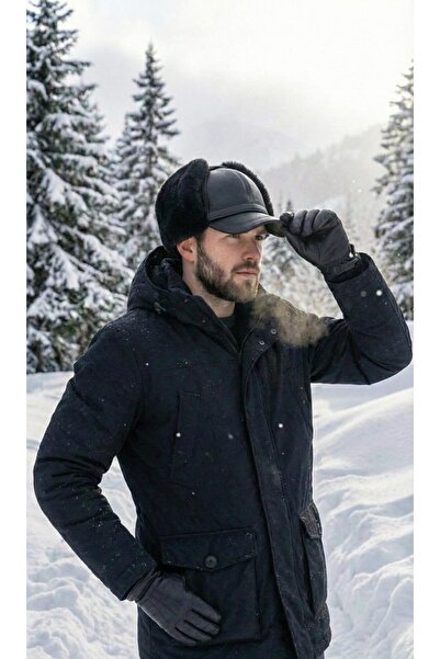 LAGRANZE قبعة شتوية جلدية فاخرة للرجال مع سماعات رأس