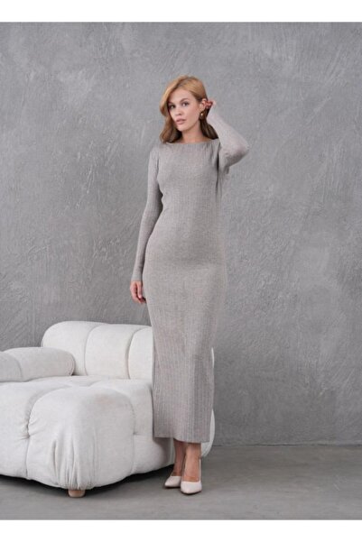 fuşyha butik Boat Neck Anti-Pilling Midi Length Striped Knit Dress
