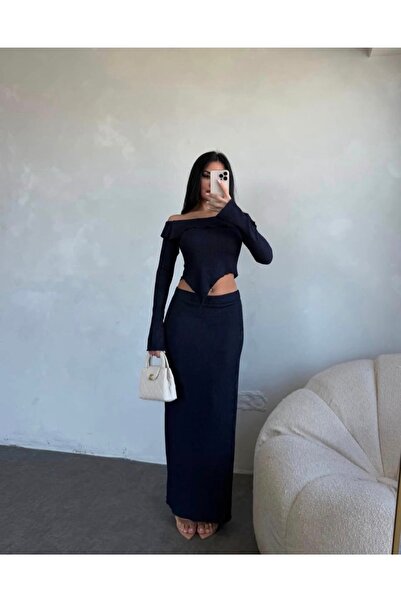 Store Omuz Dekolteli Asimetrik Kesim Uzun Elbise – Siyah