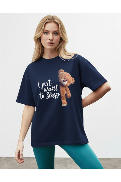 caddekombin Women's Just Want Printed Crew Neck Navy Blue T-Shirt