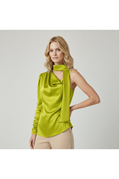 NEW JOURNAL Women's Oil Green One Shoulder Satin Blouse Ayr2218