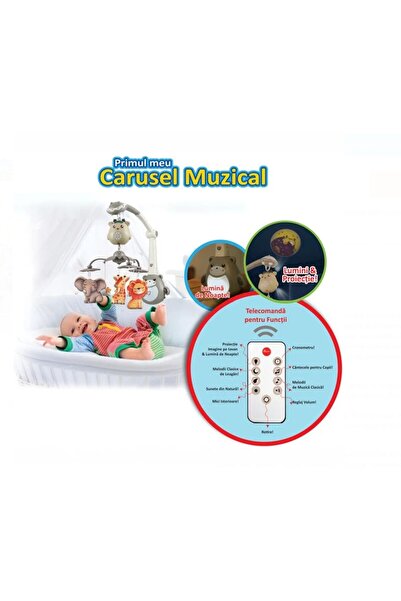 Lunix Carusel Muzical pentru Patut Bebe cu Animale, Lumina de Noapte si Proie...