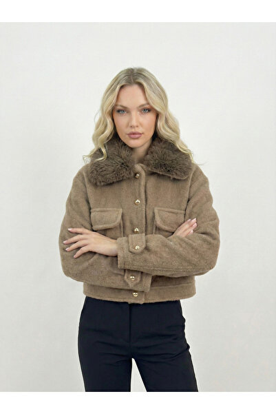 NEW JOURNAL جاكيت نسائي من فرو المنك مع ياقة من الفرو وجيب أمامي AYR2011