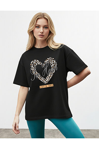 caddekombin Women's Leopard Heart Printed Crew Neck Black T-Shirt