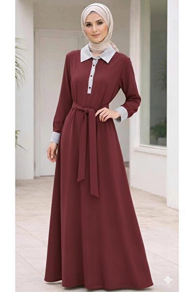 ERVA Kadın Tesettür Elbise Uzun Kuşaklı Hakim Yaka Şık Elbise