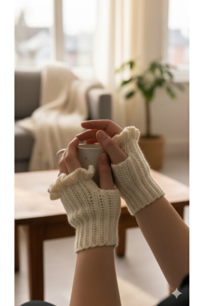 belincia Mănuși fără degete tricotate manual cu detaliu cu volane