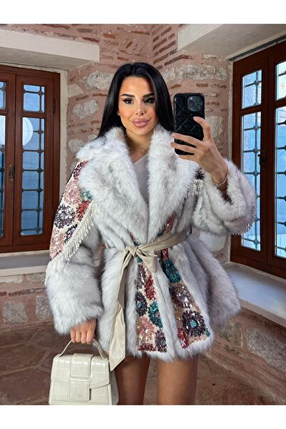 Rabiossa Women's Sequin Embroidered Plush Coat