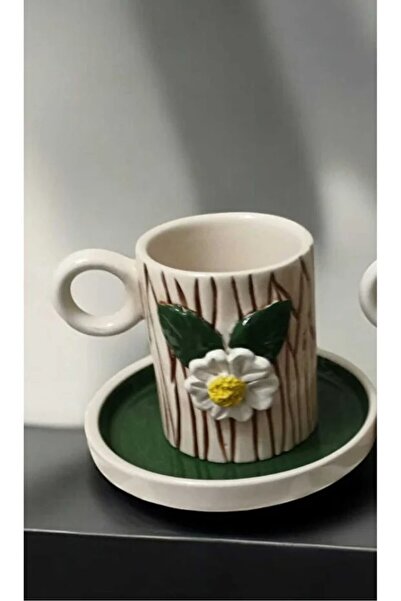 Dİ TAZZA Handmade White Floral Log 4-Piece 110 ml Coffee Cup for 2 People