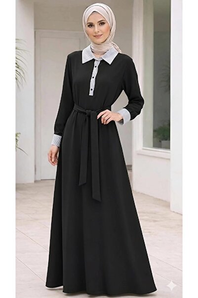 ERVA Kadın Tesettür Elbise Uzun Kuşaklı Hakim Yaka Şık Elbise