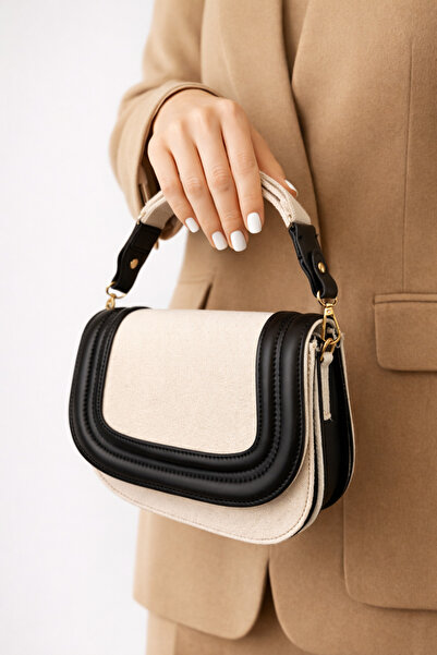 lunera Minimal Kadın Omuz & Çapraz Çanta – Bej Kanvas, Siyah Kenar Detay