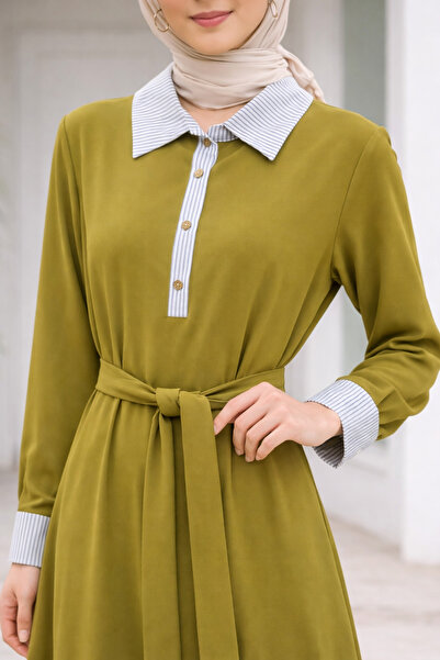 ERVA Kadın Tesettür Elbise Uzun Kuşaklı Hakim Yaka Şık Elbise