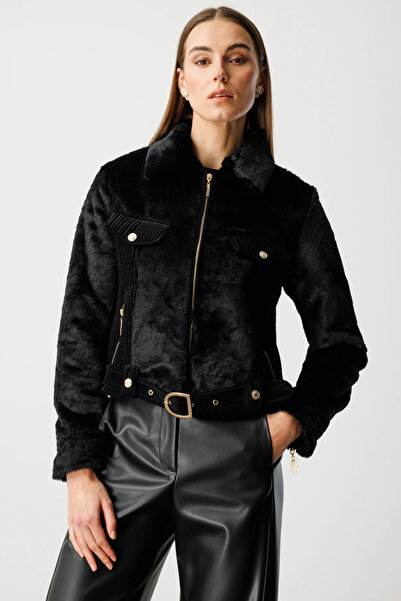 Ekol Beli Kemerli Mix Kumaş Mont 6605