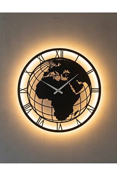 iclalofis Dünya Haritalı Ahşap Duvar Saati Ledli Dekoratif Modern