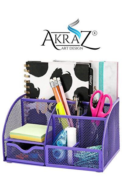 Akraz Art Design MASA ÜSTÜ METAL KALEMLİK MOR YEDİ GÖZLÜ (ORGANİZER MASA SETİ...