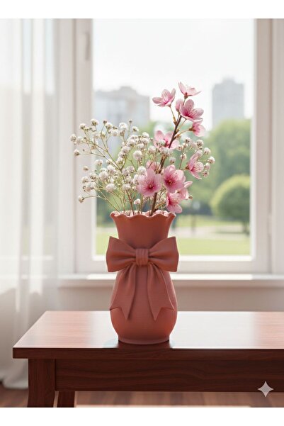 METAKEY3D Özel Tasarım Kurdeleli Büyük Boy Dekoratif Vazo - 17 cm