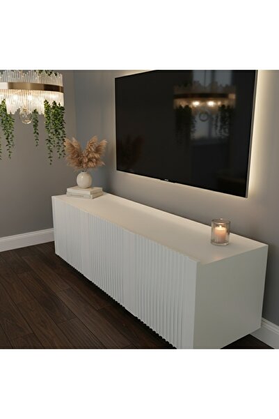 KONKRE TASARIM Membran Kapaklı Mdflam Luna Tv Ünitesi&Konsol Beyaz 160x31x60h cm