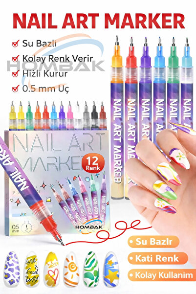 Hombak 12 Renk Nail Art Kalemi – Su Bazlı, Hızlı Kuruyan, 0.5 mm Uçlu Tırnak ...