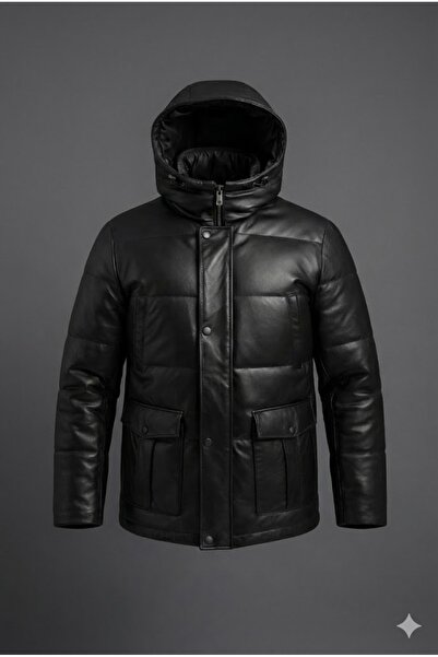 Verra Erkek Siyah Hakiki Deri Kapüşonlu Şişme Mont - Premium Kışlık Parka