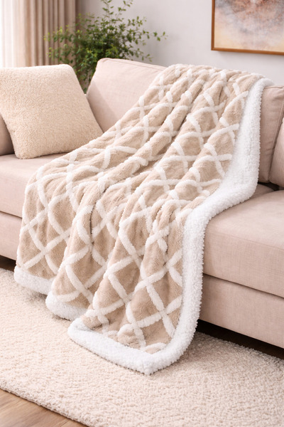 OEM Patura decorativa cu model si alb sherpa, 200x150 cm