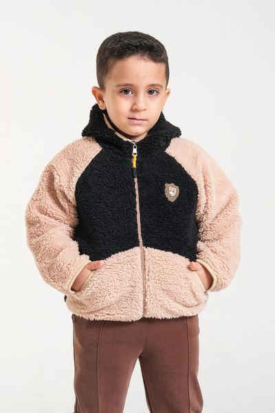 Miniro Kids GARNİLİ SİYAH KAPŞONLU ERKEK PELUŞ MONT