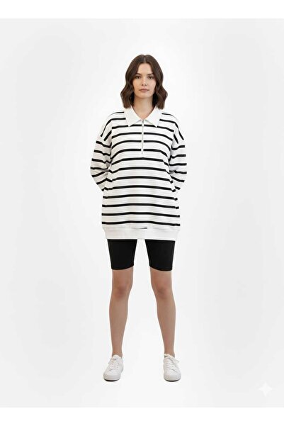 kikiriktekstil Hanorac oversize cu fermoar și guler polo pentru femei, cu dun...