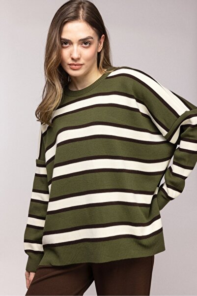 Saade Khaki Striped Oversized Crew Neck Knitwear Sweater - Drop Shoulder