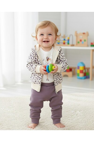 Ege Bebek سترة بناتي بنقشة الفهد بغطاء رأس، 3 قطع، 6-9-12-18-24 شهرًا، طقم أن...