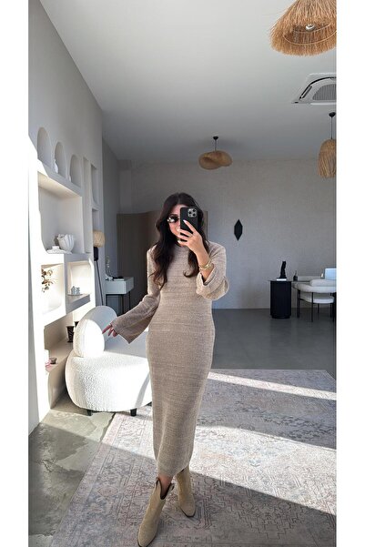 Buket Teke Mink Textured Sleeve Spanish Knitwear Dress