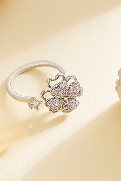 Parantez Aksesuar Heart Leaf Detailed Zircon Stone Clover Rotating Ring