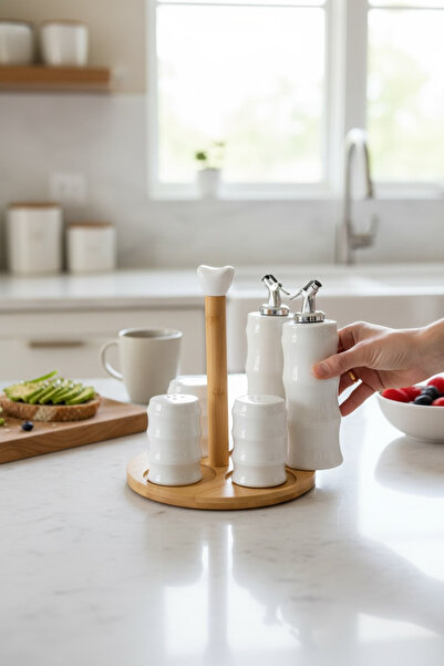 zezedesing Porcelain 4-Piece Oil Bottle, Vinegar Bottle, Salt Shaker, Pepper ...