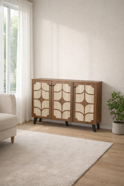 MARIA HOMES Brown and Beige Shoe Cabinet with Decorative Pattern 120 x 32 x 9...