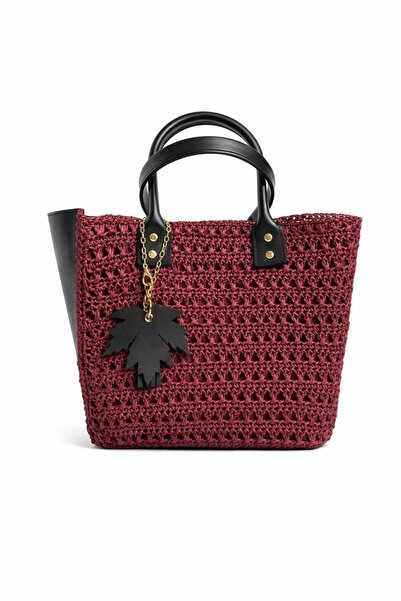 Mimoza Accessories Burgundy Knitted Women's Tote Bag - Shoulder Bag with Gold...