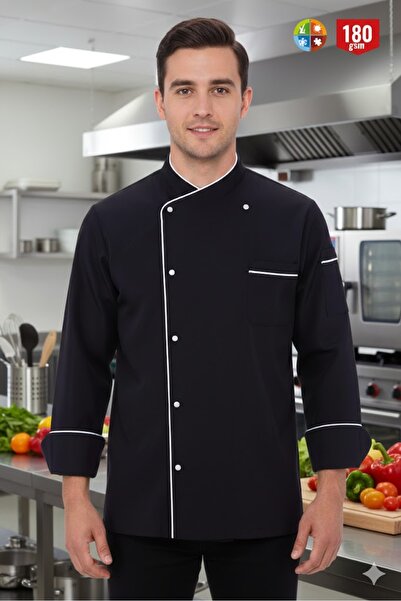 SETA UNİFORM سترة الطهاة السوداء - بأكمام طويلة، أبيض حواف أسطوانية، زي مطبخ ...