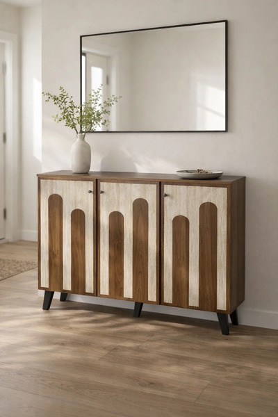 MARIA HOMES Dark Brown and Beige Shoe Cabinet with Decorative Panel Design 12...